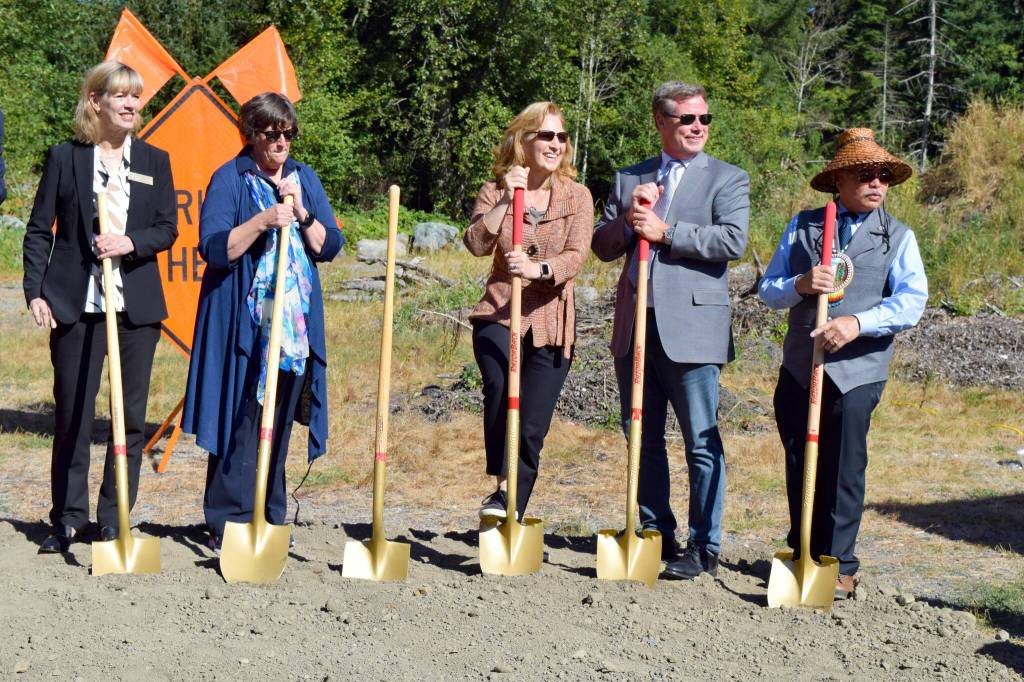 Elected officials prepare to break ground on the State Route 18/I-90 interchange project. From left: Snoqualmie Mayor Katherine Ross, State Rep. Lisa Callan, U.S. Rep Kim Schrier, State Sen. Mark Mullet, Snoqualmie Tribal Chairman Robert de los Angeles. Photo by Conor Wilson/Valley Record