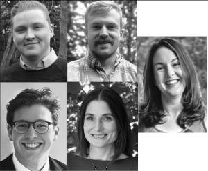 Issaquah City Council candidates from left to right: Zach Hall (top left), Landon Halverson (bottom left), Sam Sheehan (top right), Victoria Hunt (bottom right) and Lindsey Walsh. Candidate Mike Palm did not provide a photo. (Photo courtesy of King County)