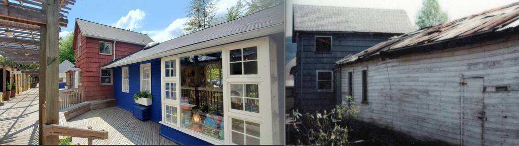 Some buildings, such as Nick's Shop, built in the 1920s, and Pedegana House in 1977, were combined once moved to Gilman Village. Each building has been renovated with modern materials, some rebuilt with a second story and old fixtures repurposed into new uses — such as garages adjoined to the older buildings became windows that slide open on warm days. (Photo courtesy of the Gilman Village)