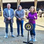 Rep. Kim Schrier (D-8) held a press conference with local dairy farmer Leann Krainick and Alan Huttema, interim CEO at Darigold. Photo by Ray Miller-Still