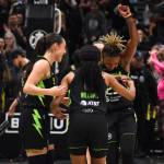 Nika Mühl, Kiana Williams and Jordan Horston celebrate the win over Los Angeles. Ben Ray / The Reporter