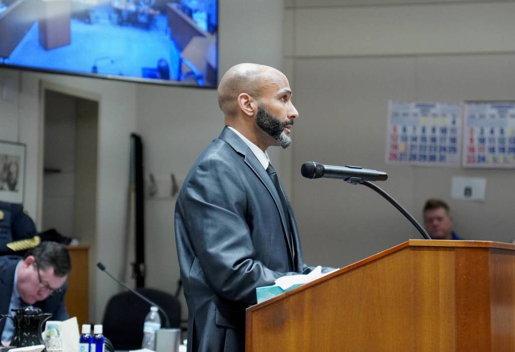 Auburn Police Department Cmdr. Cristian Adams speaks in court. Photo by Joshua Solorzano/Sound Publishing