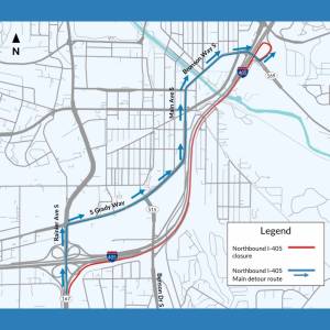 A signed detour route will divert northbound I-405 traffic through Renton. Photo provided by the city of Renton