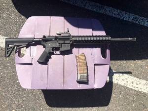 An AR-15 rifle and a loaded magazine that were recovered from a suspect in a shooting incident at the Kent Station parking garage in 2019. (Photo courtesy of King County Sheriffs Office)