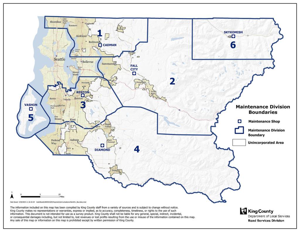 South King County  seen here in districts 3 and 4  account for a large chunk of the unincorporated roads that the countys Roads Division maintains. Image courtesy King County